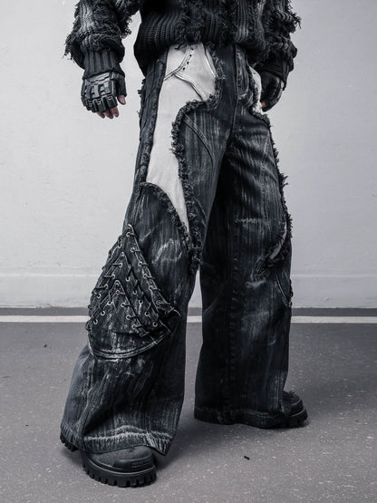 Damage Wash Mix Patch Deconstruct Wide Leg Denim Jeans WN22413