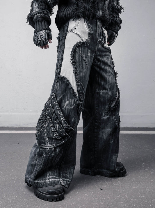 Damage Wash Mix Patch Deconstruct Wide Leg Denim Jeans WN22413