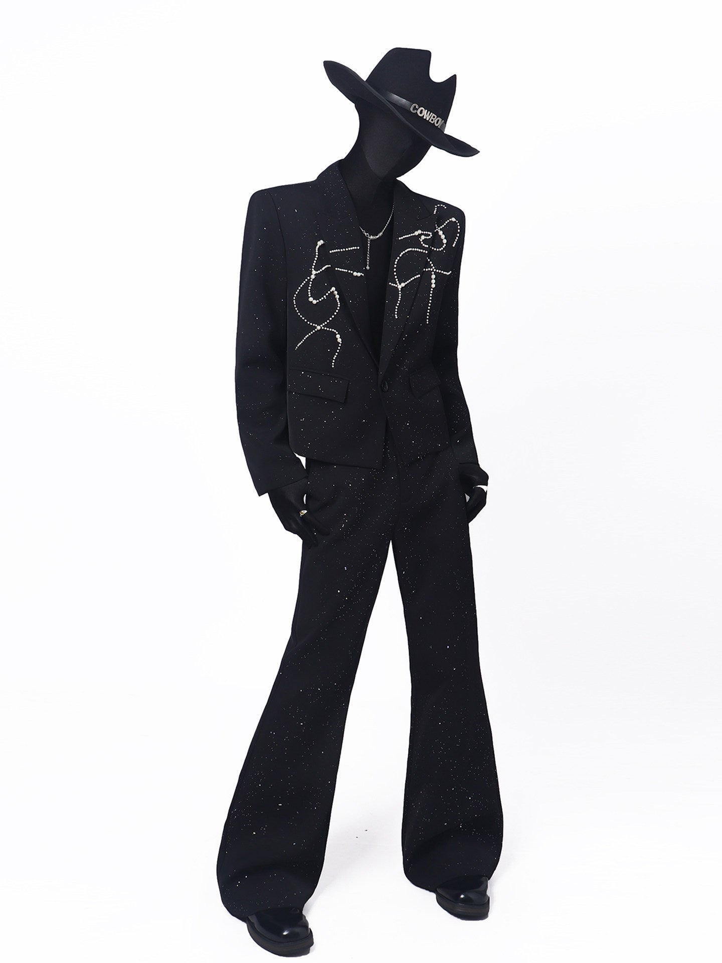 Line Print Studs Tailored Jacket & Studs Flare Trousers Setup WN23682