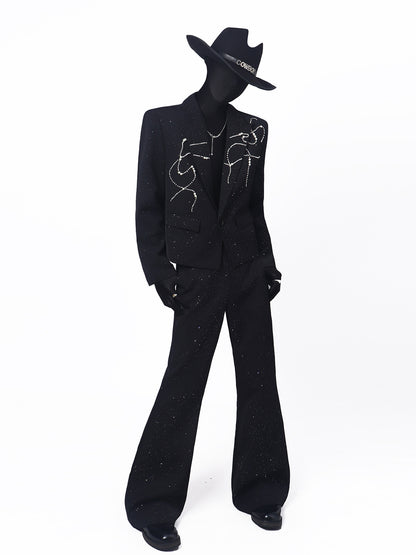 Line Print Studs Tailored Jacket & Studs Flare Trousers Setup WN23682