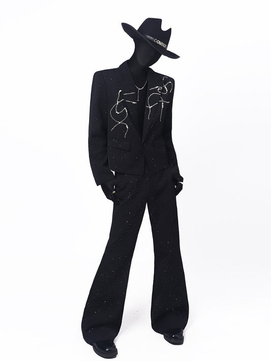 Line Print Studs Tailored Jacket & Studs Flare Trousers Setup WN23682