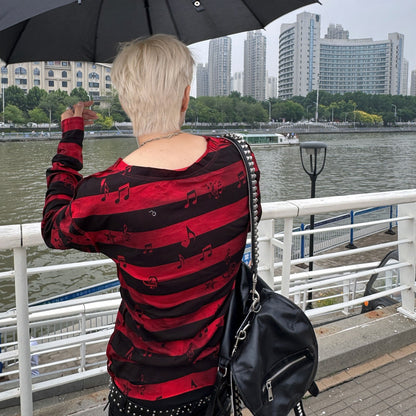 Stripe Music Note Graphic Print Long Sleeve T-Shirt WN27410