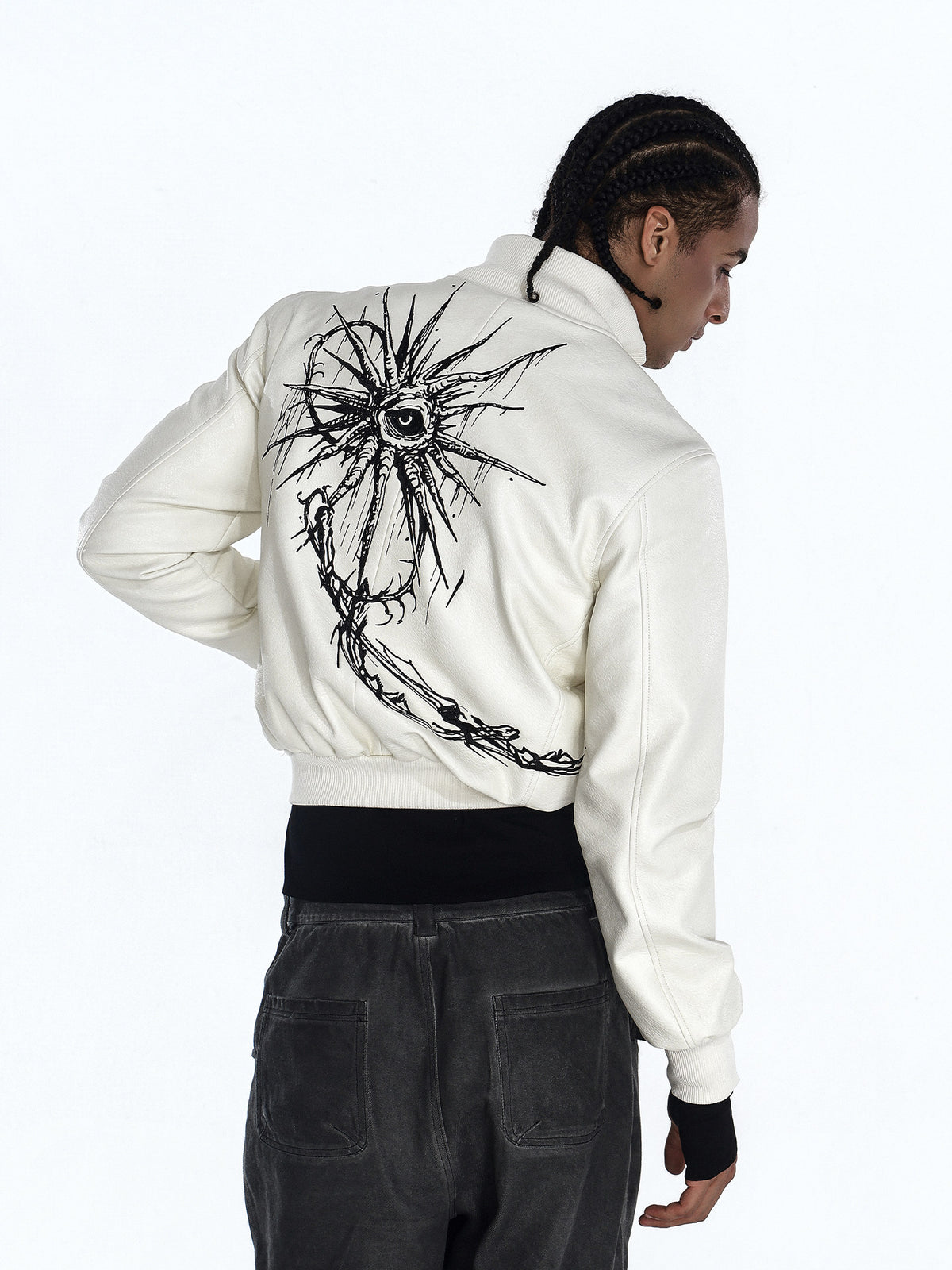 Contrast Embroidery Thorn Eye PU Leather Jacket WN27425