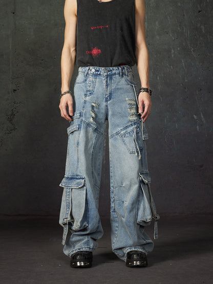 Multi-Pocket Damage Strap Design Wide-Leg Straight Cargo Denim Jeans WN15206