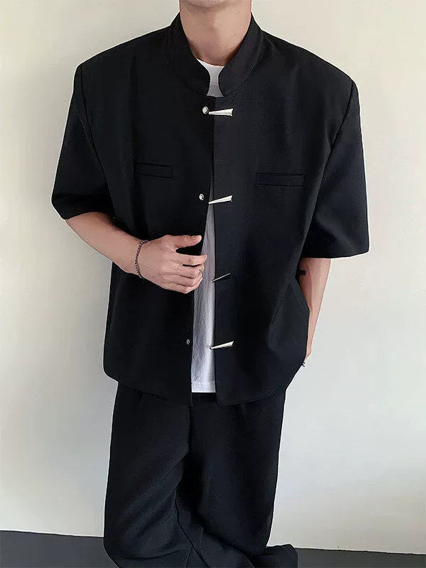 Mandarin Collar Design Short Sleeve Shirt WN19298