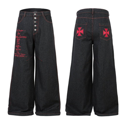 Cross Letter Embroidery Straight Denim Jeans WN24270