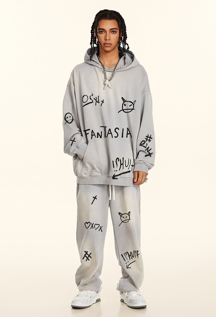 Hand-drawn Graffiti Print Hoodie & Sweatpants Setup WN9955