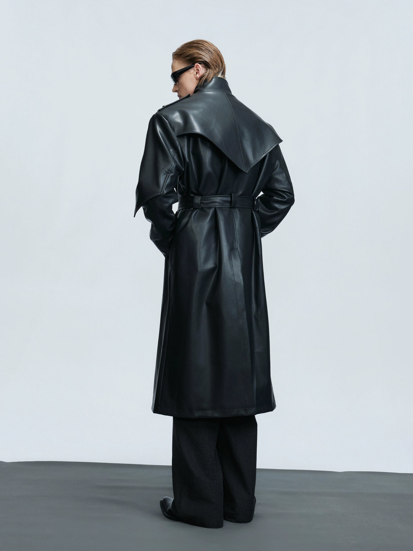 Standing-Collar Belted PU Leather Long Coat WN21748