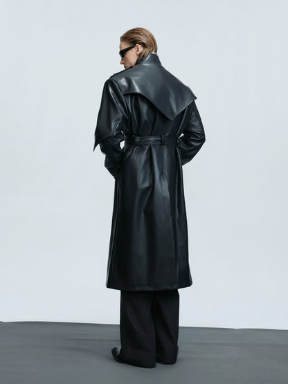 Standing-Collar Belted PU Leather Long Coat WN21748