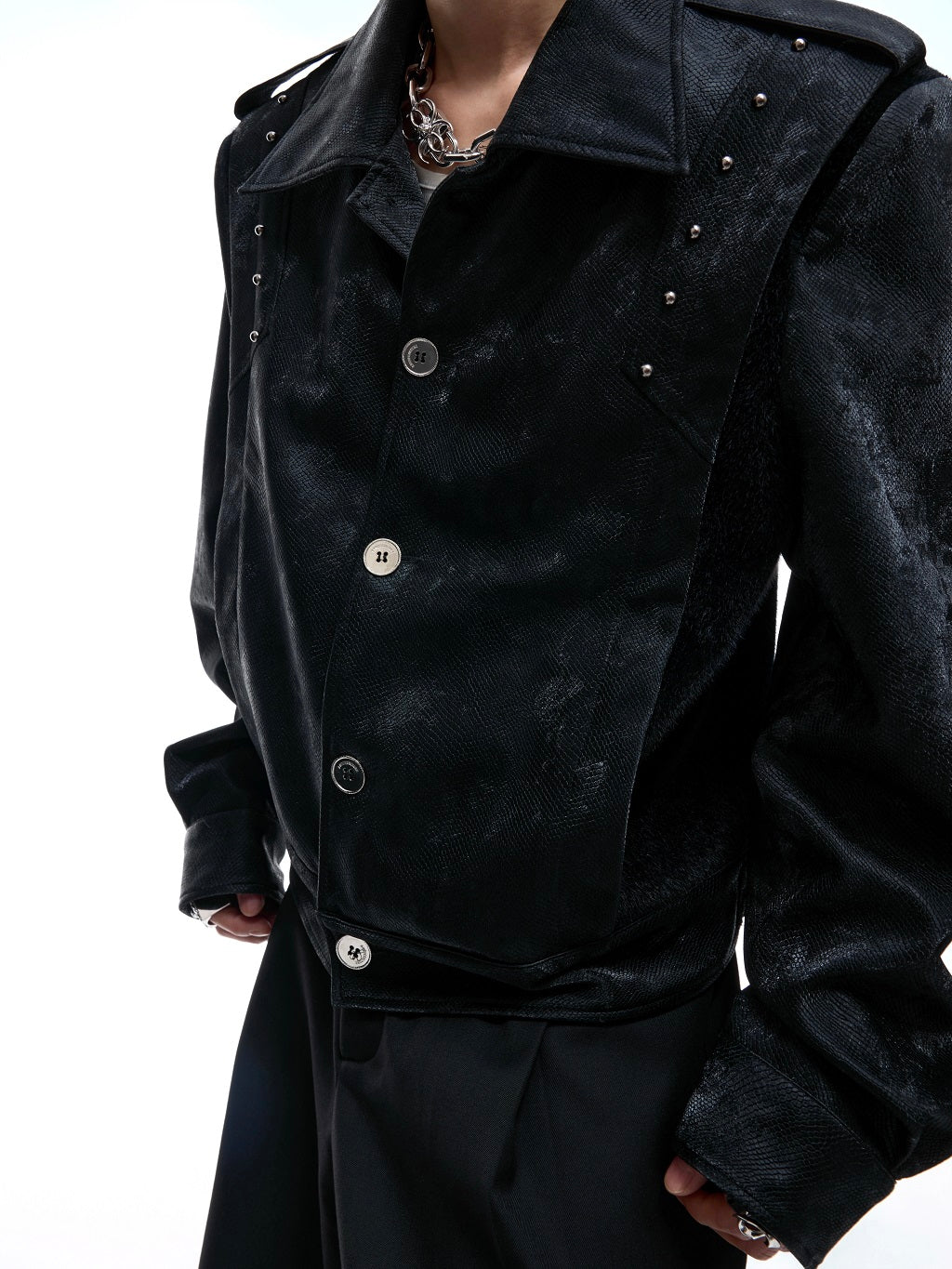 Studs Graphic Print Embroidery PU Leather Jacket WN20548