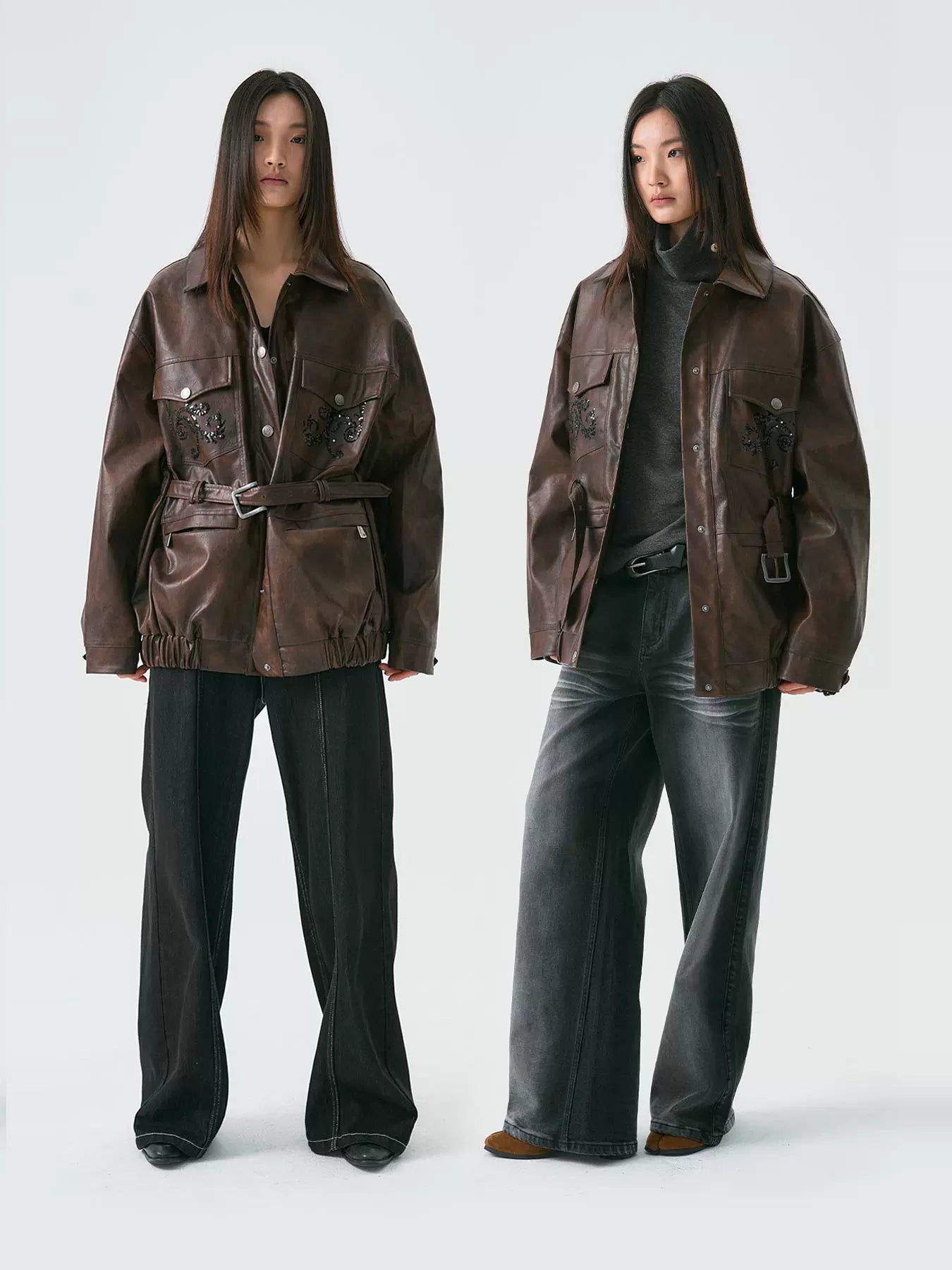 Sequin Embroidery Belted PU Leather Jacket WN18895