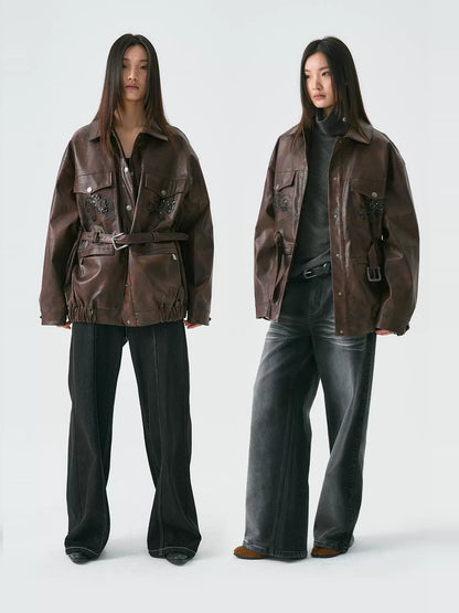 Sequin Embroidery Belted PU Leather Jacket WN18895