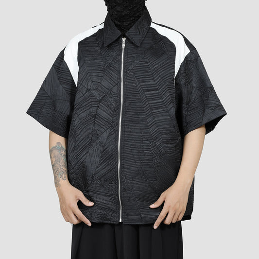 Contrast Patchwork Zipper Textured Short Sleeve Shirt WN20146