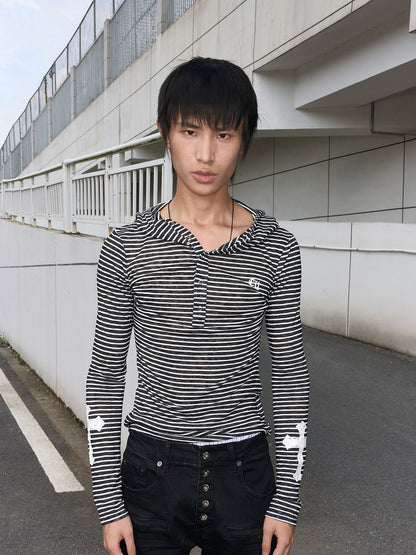 Stripe Cross Print Snap Button Hoodie WN27253