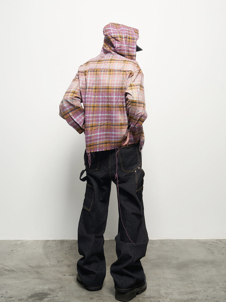 Gradient Plaid Hooded Long Sleeve Shirt WN22935