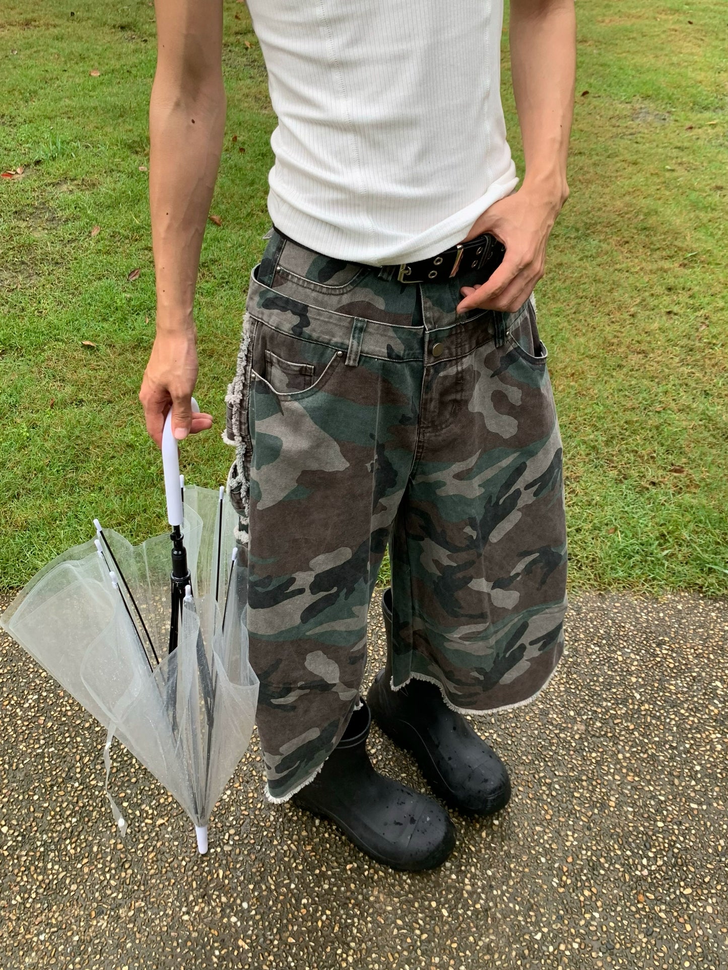 Double Waistband Camouflage Wash Half Pants WN19747