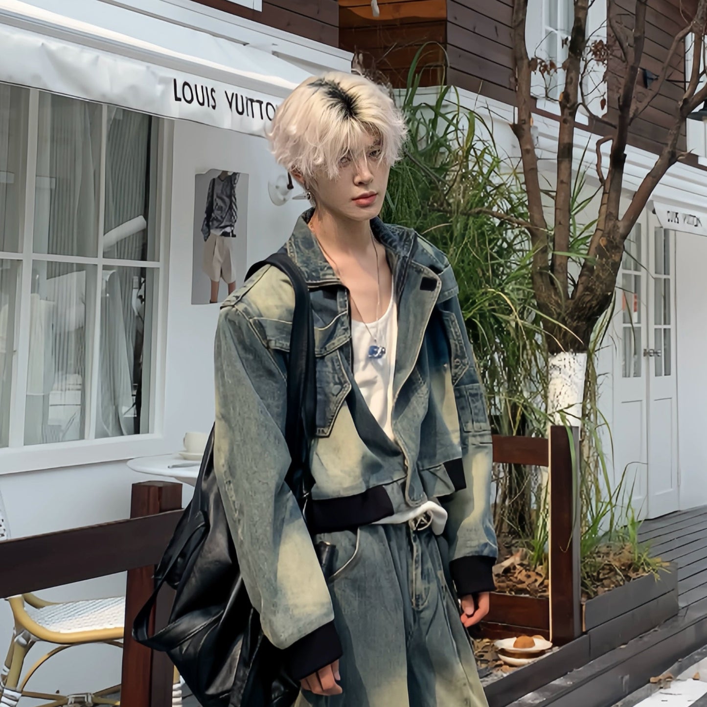 Washed Damage Denim Jacket & Wide Leg Denim Jeans Setup WN19934