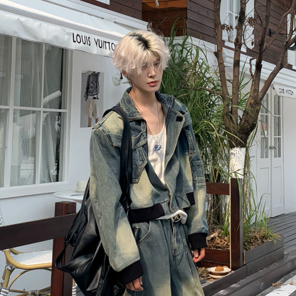 Washed Damage Denim Jacket & Wide Leg Denim Jeans Setup WN19934