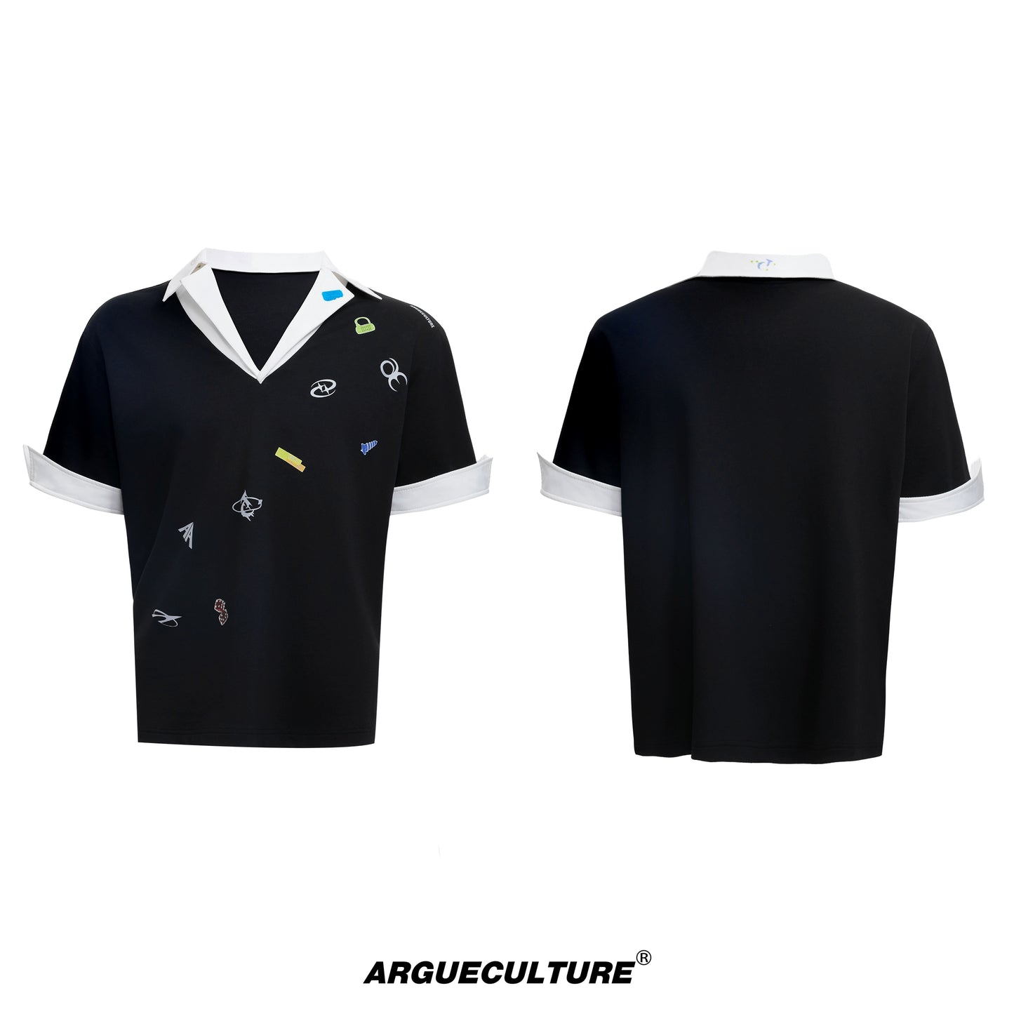 Sticker Print V-Neck Fake Layered Short Sleeve Polo T-Shirt WN18375