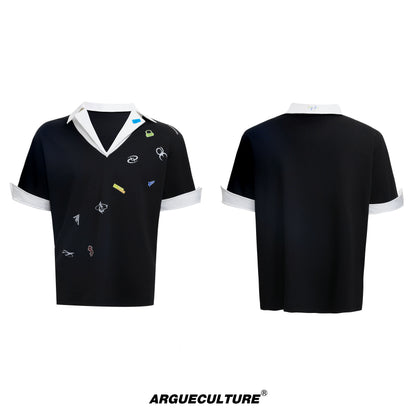 Sticker Print V-Neck Fake Layered Short Sleeve Polo T-Shirt WN18375