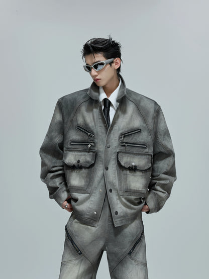 Washed Shoulder-Pad Denim Jacket & Zipper Flare Denim Jeans Setup WN21760