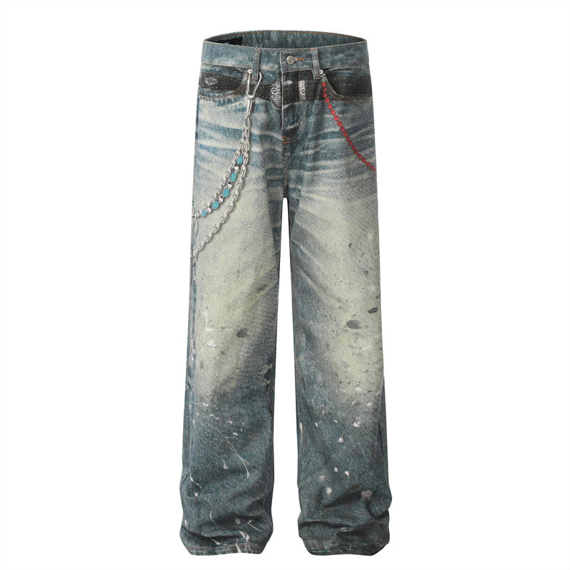 Chain Pendant Print Splatter Wash Wide Leg Denim Jeans WN24240