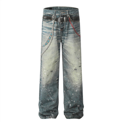 Chain Pendant Print Splatter Wash Wide Leg Denim Jeans WN24240
