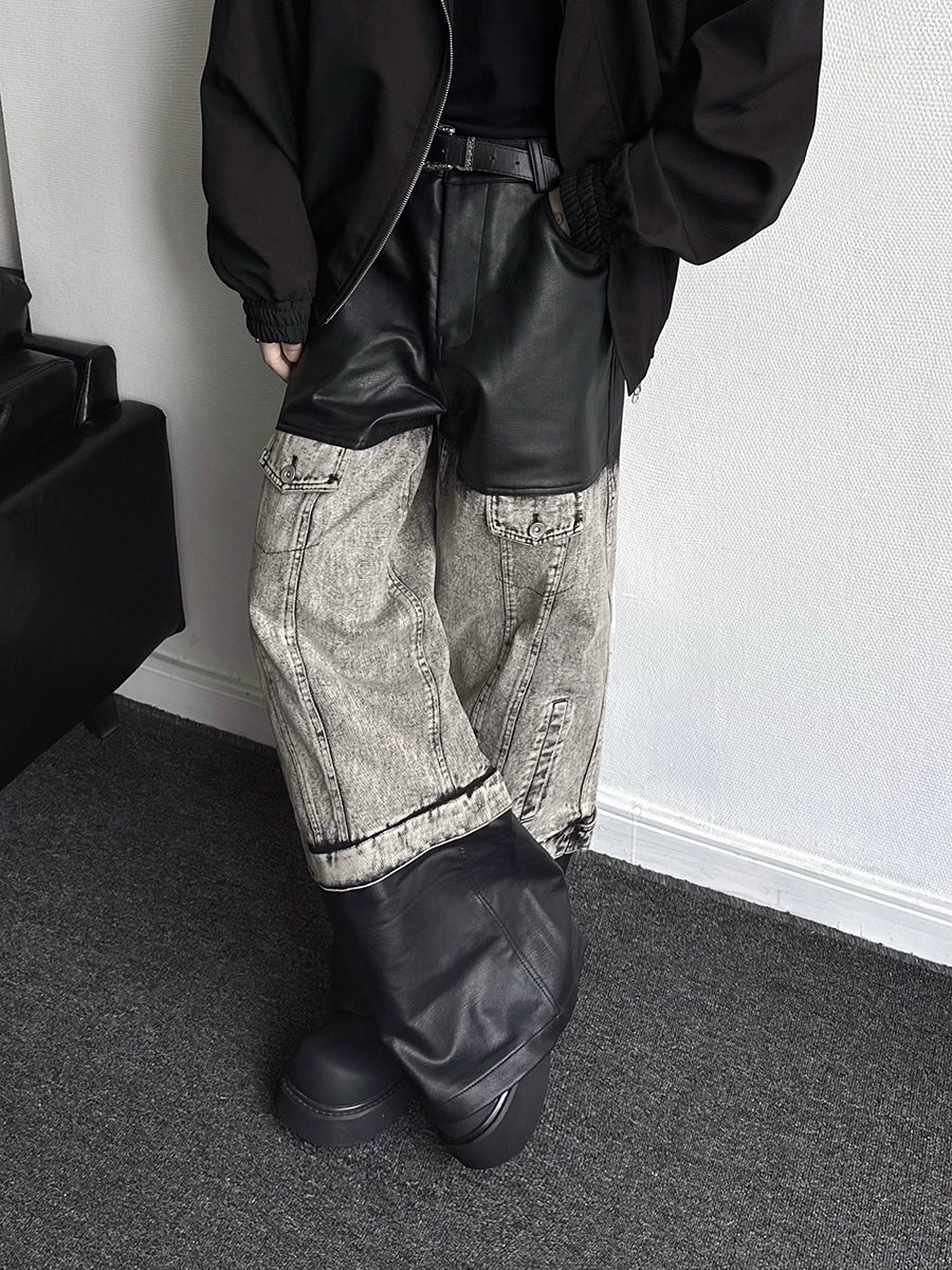 PU Leather Mix Wide Leg Denim Jeans WN19359