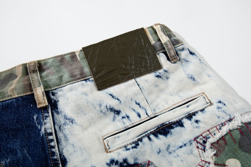 Denim Camouflage Patchwork Multi-Pocket Wide Leg Cargo Pants WN27858