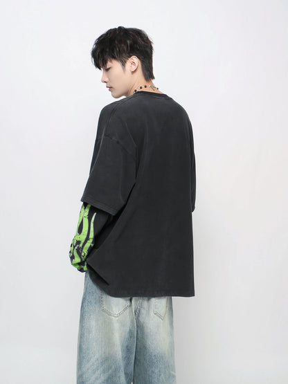 Graphic Print Fake Layered Long Sleeve T-Shirt WN21047