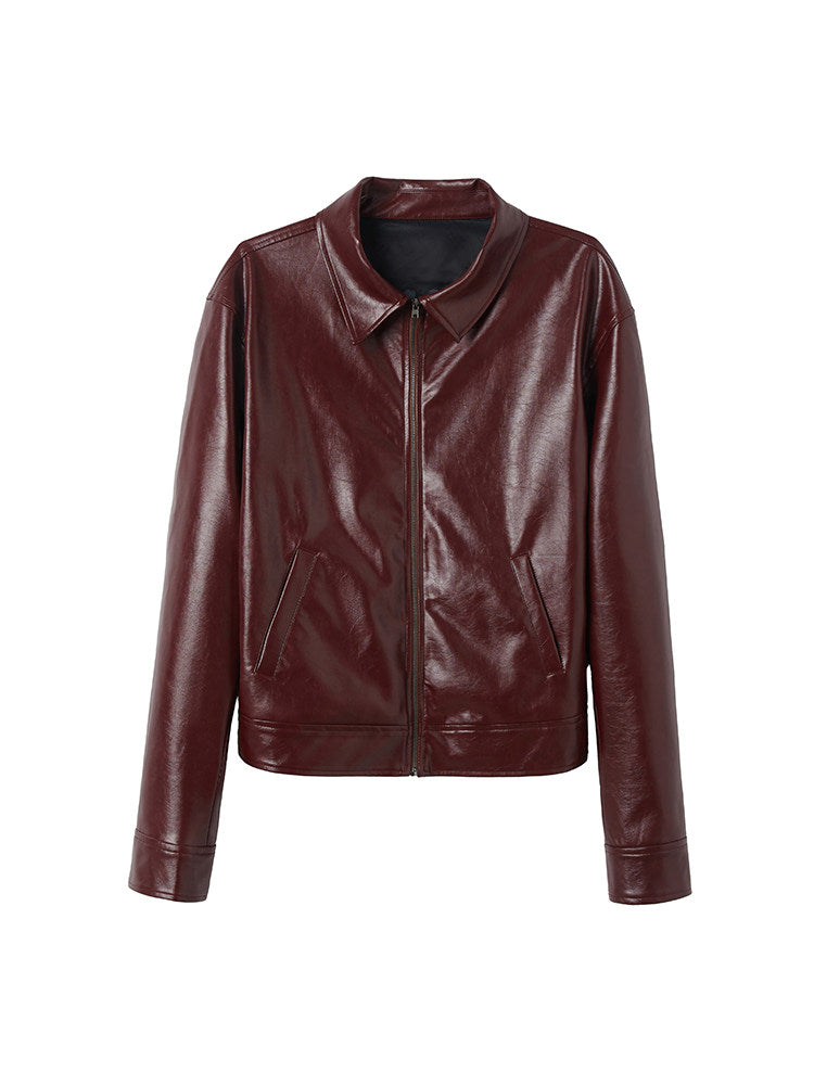 Lapel Print Short PU Leather Jacket WN27107