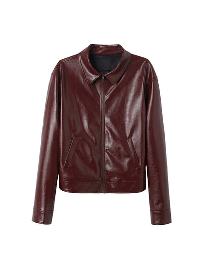 Lapel Print Short PU Leather Jacket WN27107