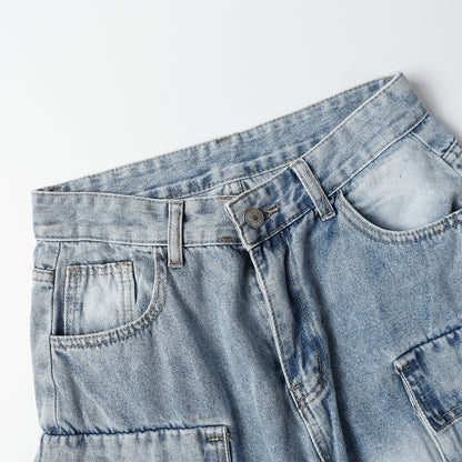 Multi-Pocket Washed Wide-Leg Cargo Denim Jeans WN11280