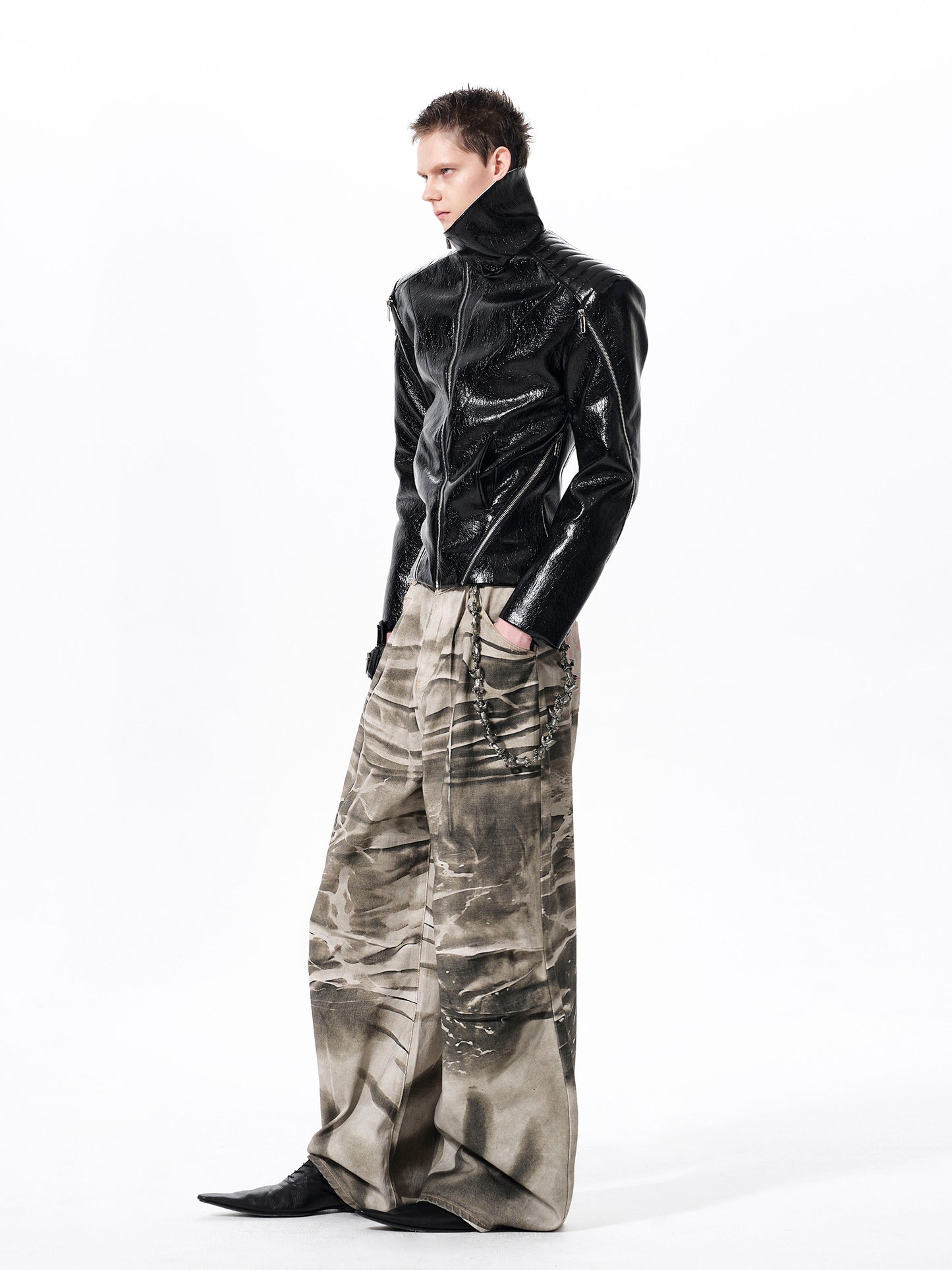 Deconstructed Asymmetrical Zipper Stand Neck Leather Jacket WN23271