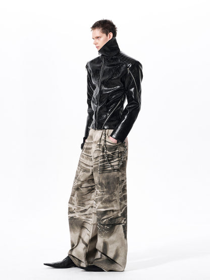 Deconstructed Asymmetrical Zipper Stand Neck Leather Jacket WN23271