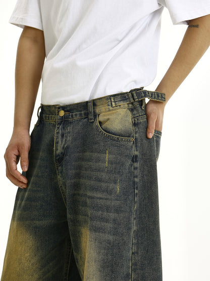 Washed Yellow Mud Dyed Wide-Leg Straight Denim Jeans WN10615