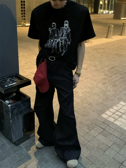 Pleats Black Color Flare Trousers WN20045