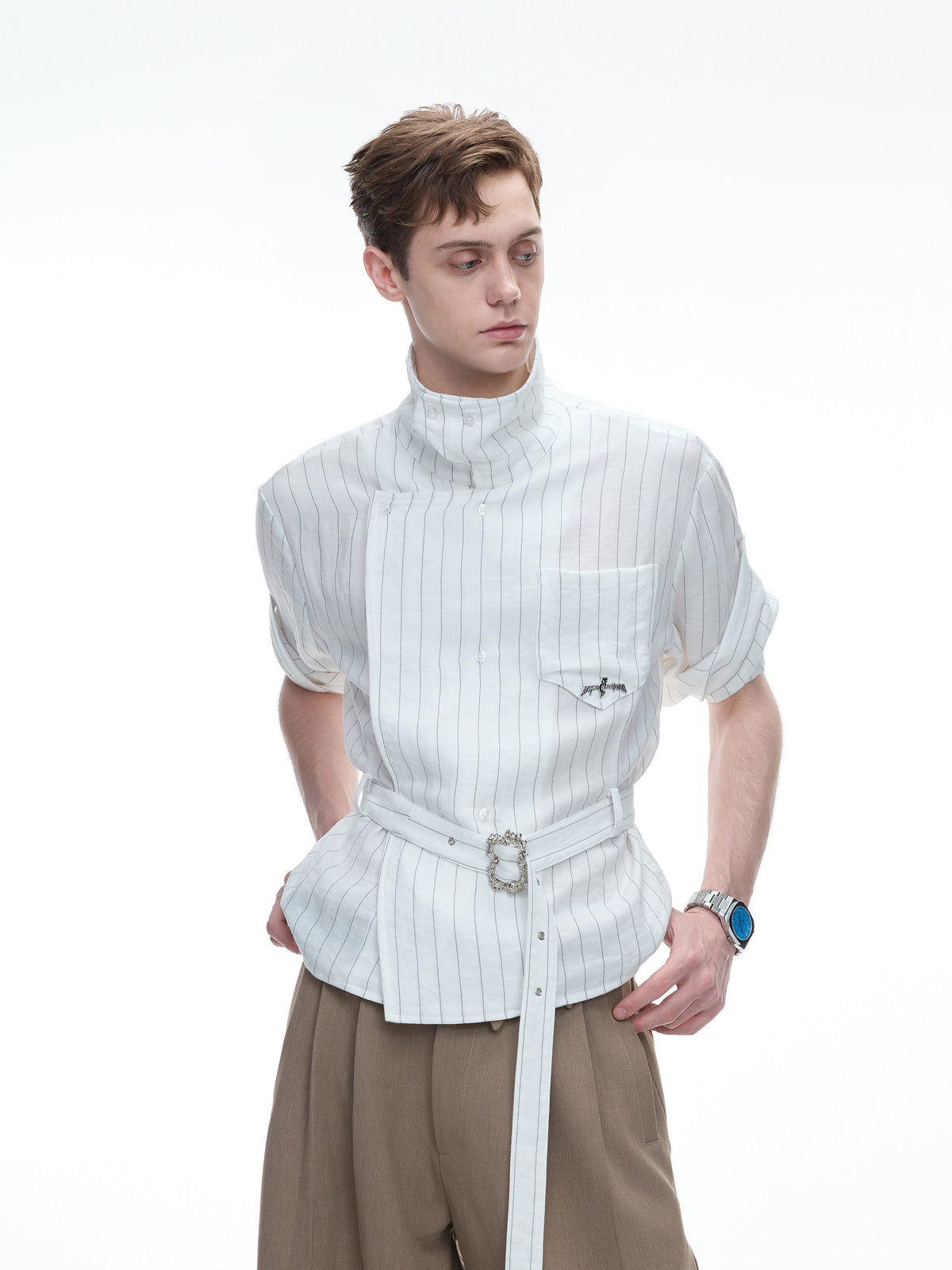 Asymmetric Stripe Waist-Tie Metal Buckle Short Sleeve Shirt WN27031
