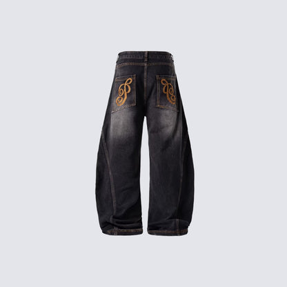 Embroidery Washed Wide Leg Denim Jeans WN28022