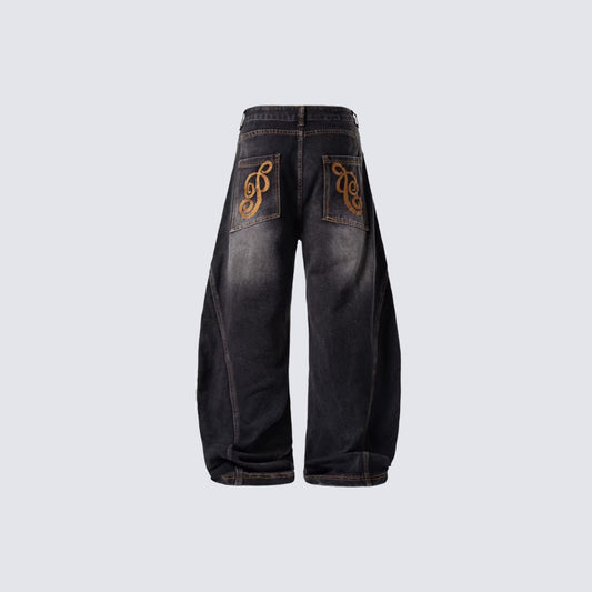 Embroidery Washed Wide Leg Denim Jeans WN28022