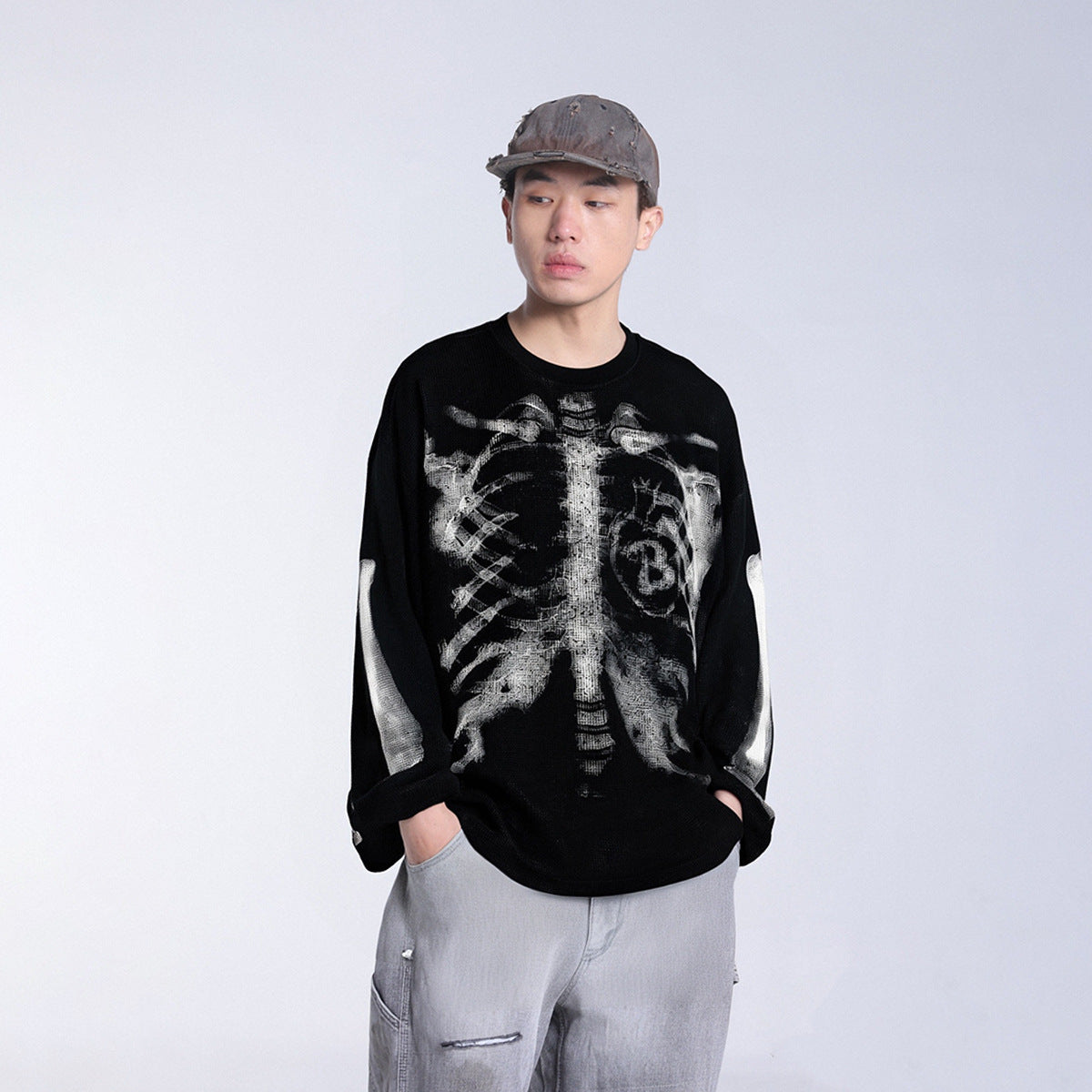 Skeleton Print Waffle Long Sleeve T-Shirt WN25476