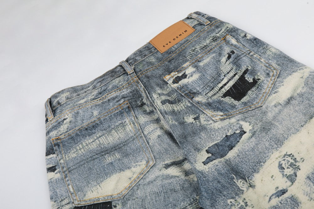 3D Print Damage Washed Wide Leg Denim Jeans WN27953