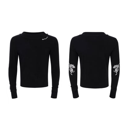 Double-Layered Neckline Embroidery Horse Logo Long Sleeve T-Shirt WN22654