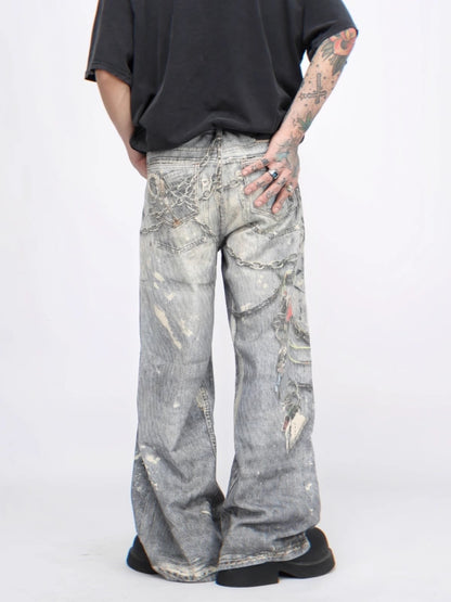 Chain Print Damage Wide-Leg Straight Denim Jeans WN6955