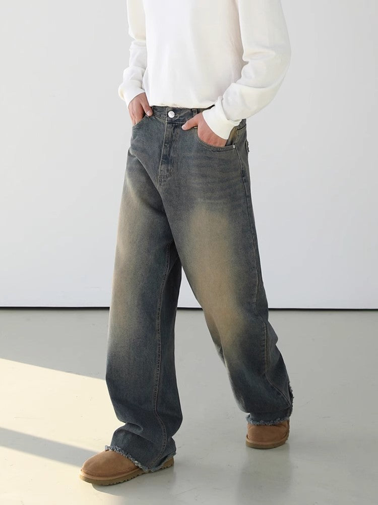 Yellow Mud Washed Wide-Leg Straight Denim Jeans WN6703