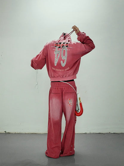 Graphic Print Zipper Hoodie & Washed Eyelet Pants Setup WN20837