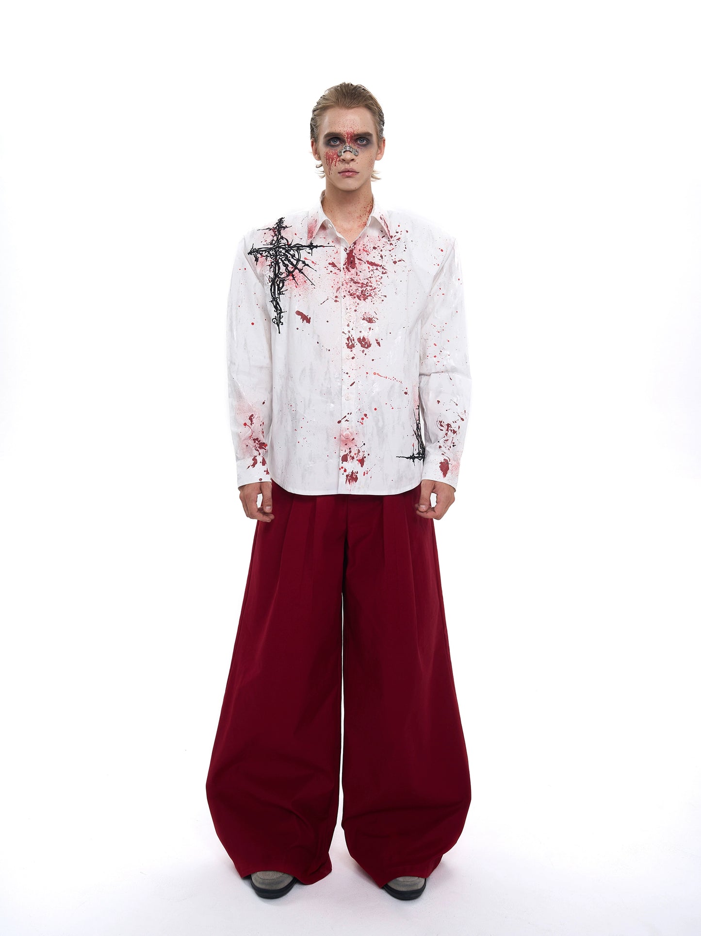 Bloodstain Foil Gothic Embroidery Shoulder-Pad Long Sleeve Shirt WN20507