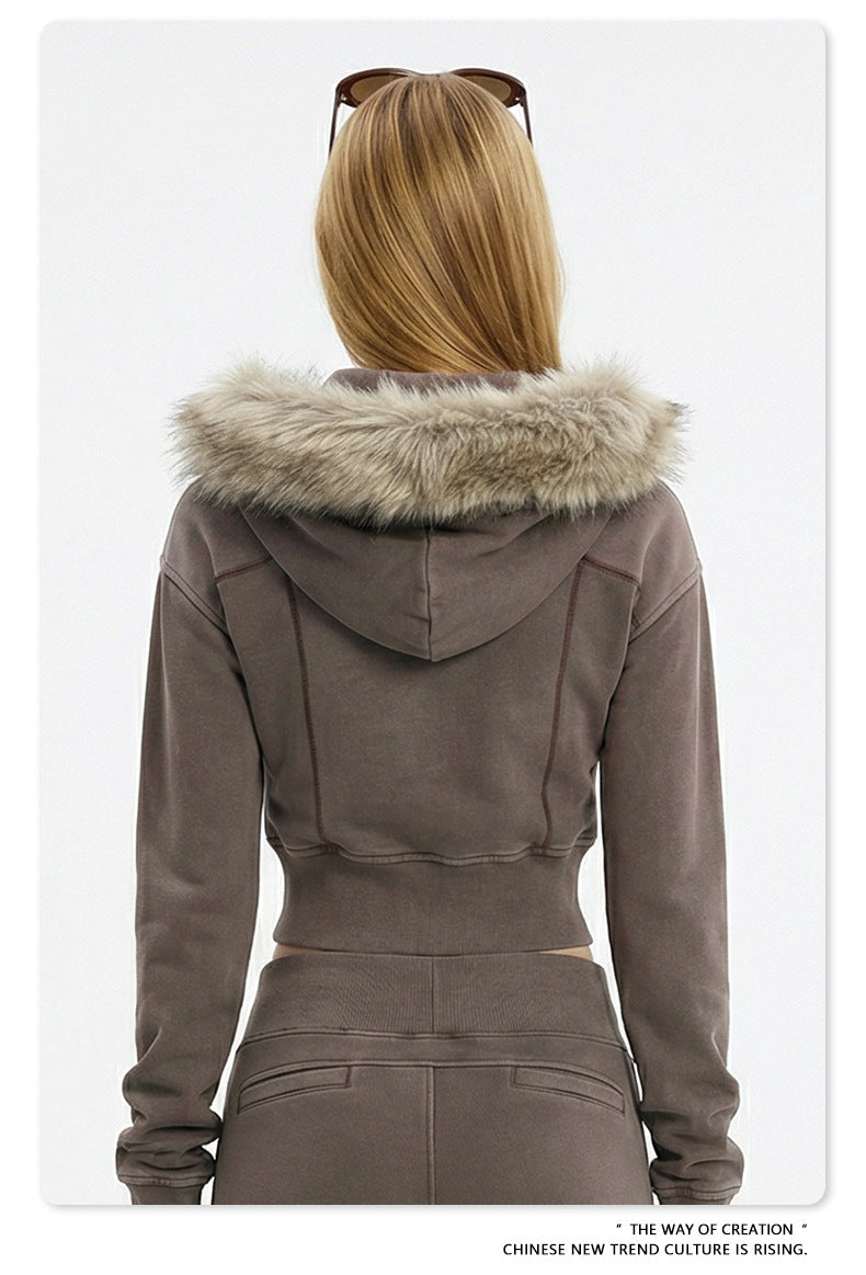 Fake Fur Lining Zip-Up Cropped Zipper Hoodie WN23115