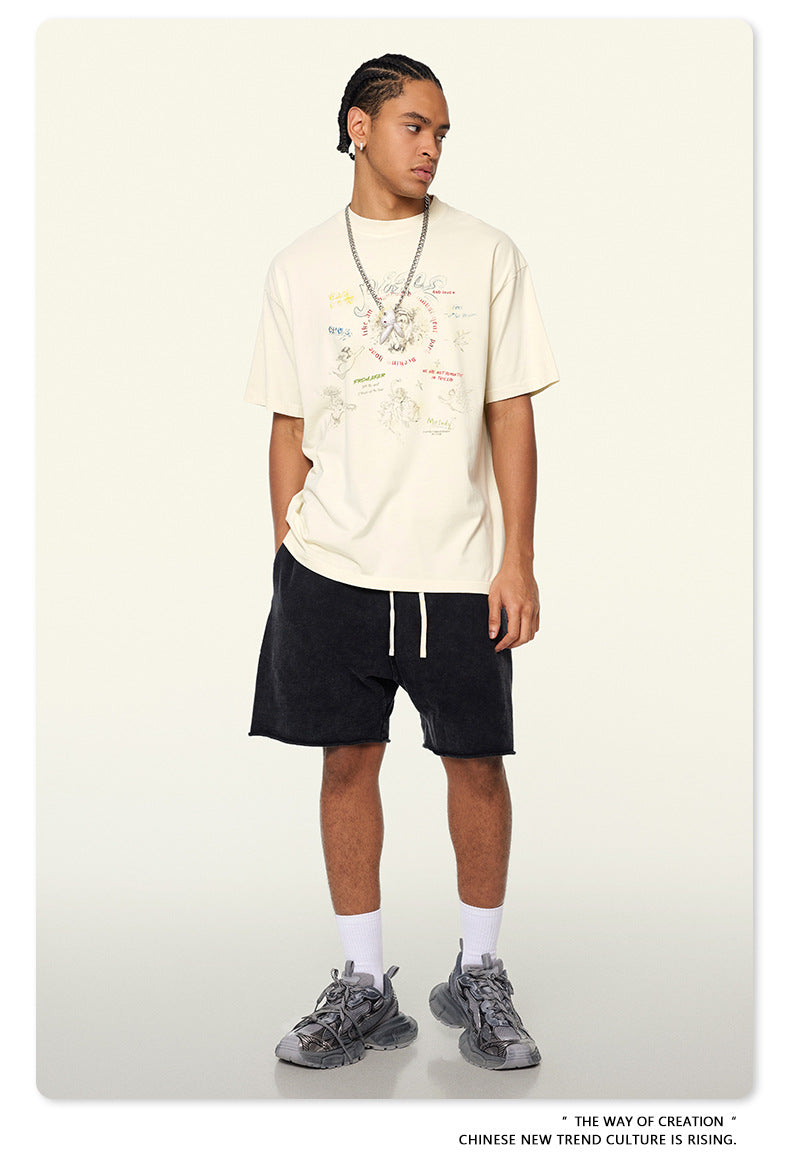 Washed Angel Print Round Neck Short Sleeve T-Shirt WN7833