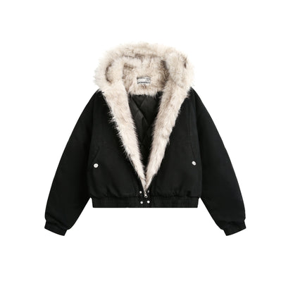 Hooded Fake Fur Canvas Padded Jacket WN22231